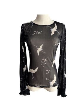 Vintage Y2K Sheer Long Sleeve Top Sz XS Black Tancho Cranes Birds Mesh Shirt EUC
